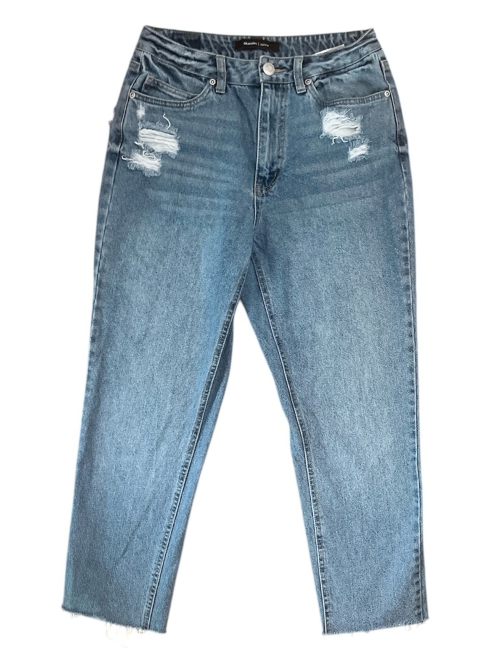 3/$20 Bluenotes Medium Blue Distressed High Rise Mom Jeans Cropped